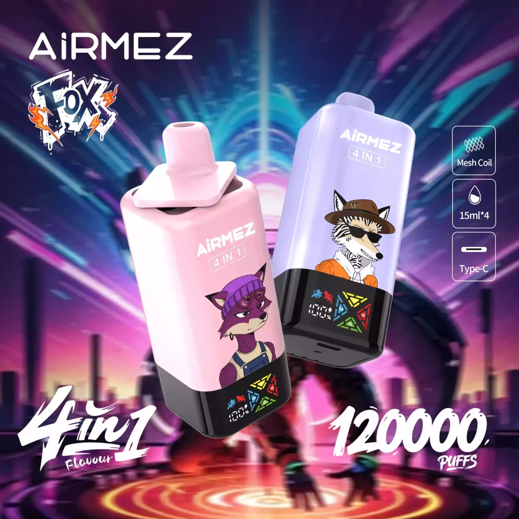airmez-fox-120k-puffs-4-in-1-screen-low-nicotine-bulk-buy-original-rechargeable-disposable-vapes-wholesale0 Airmez Fox 120000 Puffs smak IN S - jednorazowy e-papieros VapePol