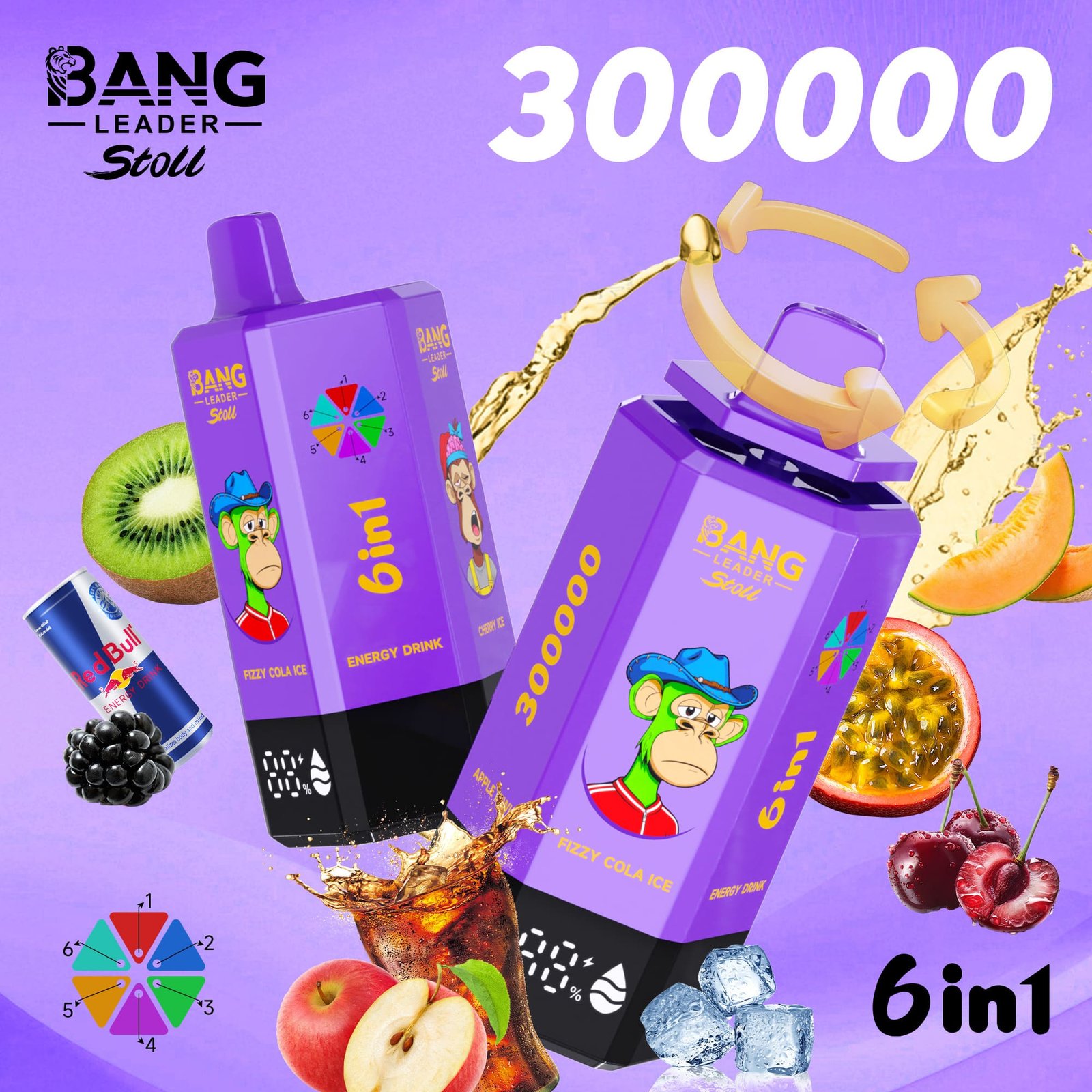 bang-leader-stoll-300000-puffs-vape-colaice-energydrink-cherryice-melonpassionfruit-blackberryice-applekiwi Bang Leader Stoll 300000 Puffs smak 300000 Colaice Energydrink Cherryice Melonpassionfruit BlackberryIce Applekiwi - jednorazowy e-papieros VapePol
