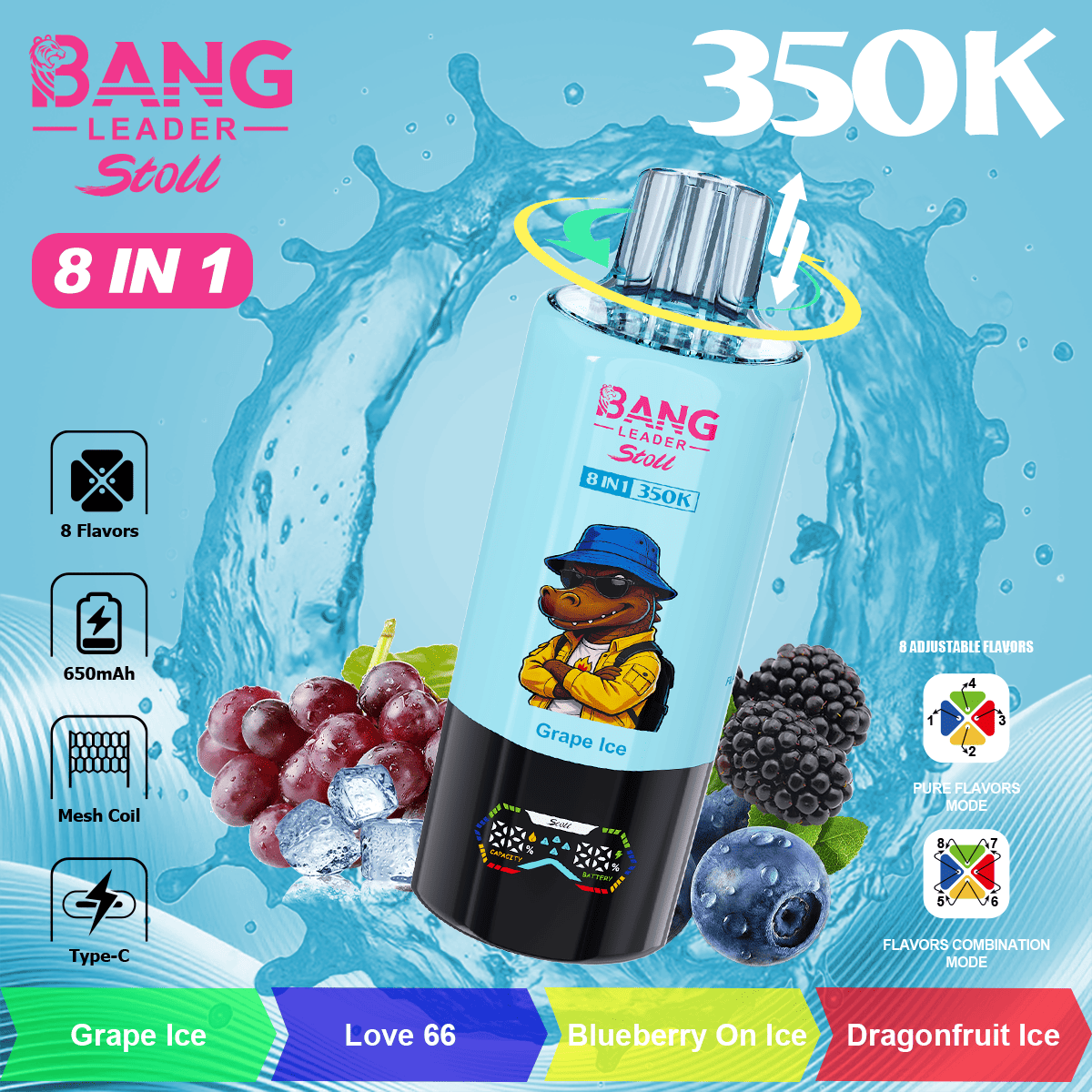 bang-leader-350k-8-in-1-flavor-grape-ice-and-love-66-and-blueberry-on-ice-and-dragonfruit-ice Bang Leader Stoll 350000 Puffs smak In Grape Ice & Love & Blueberry On Ice & Dragonfruit Ice - jednorazowy e-papieros VapePol
