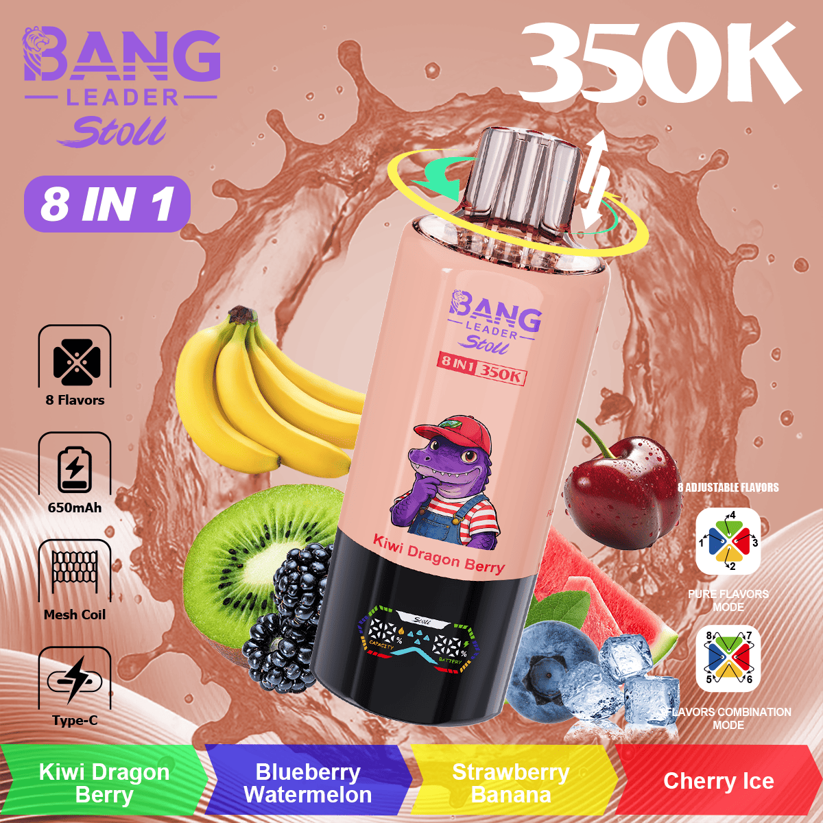 bang-leader-350k-8-in-1-flavor-kiwi-dragon-berry-and-blueberry-watermelon-and-strawberry-banana-and-cherry-ice Bang Leader Stoll 350000 Puffs smak In Kiwi Dragon Berry & Blueberry Watermelon & Strawberry Banana & Cherry Ice - jednorazowy e-papieros VapePol