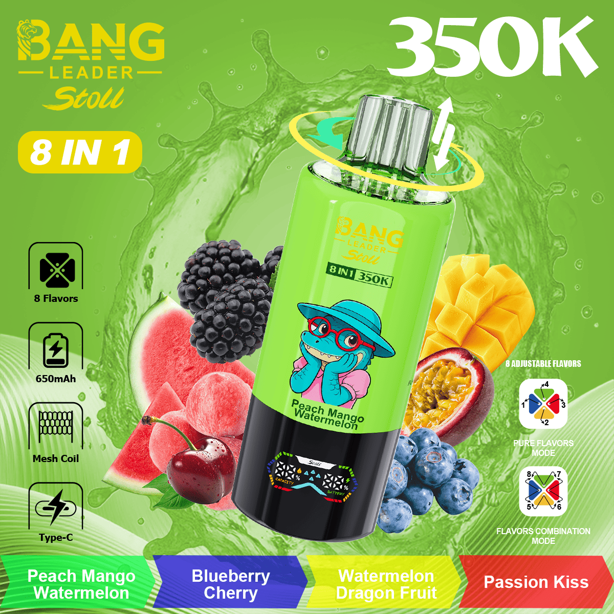 bang-leader-350k-8-in-1-flavor-peach-mango-watermelon-and-blueberry-cherry-and-watermelon-dragon-fruit-and-passion-kiss Bang Leader Stoll 350000 Puffs smak In Peach Mango Watermelon & Blueberry Cherry & Watermelon Dragon Fruit & Passion Kiss - jednorazowy e-papieros VapePol