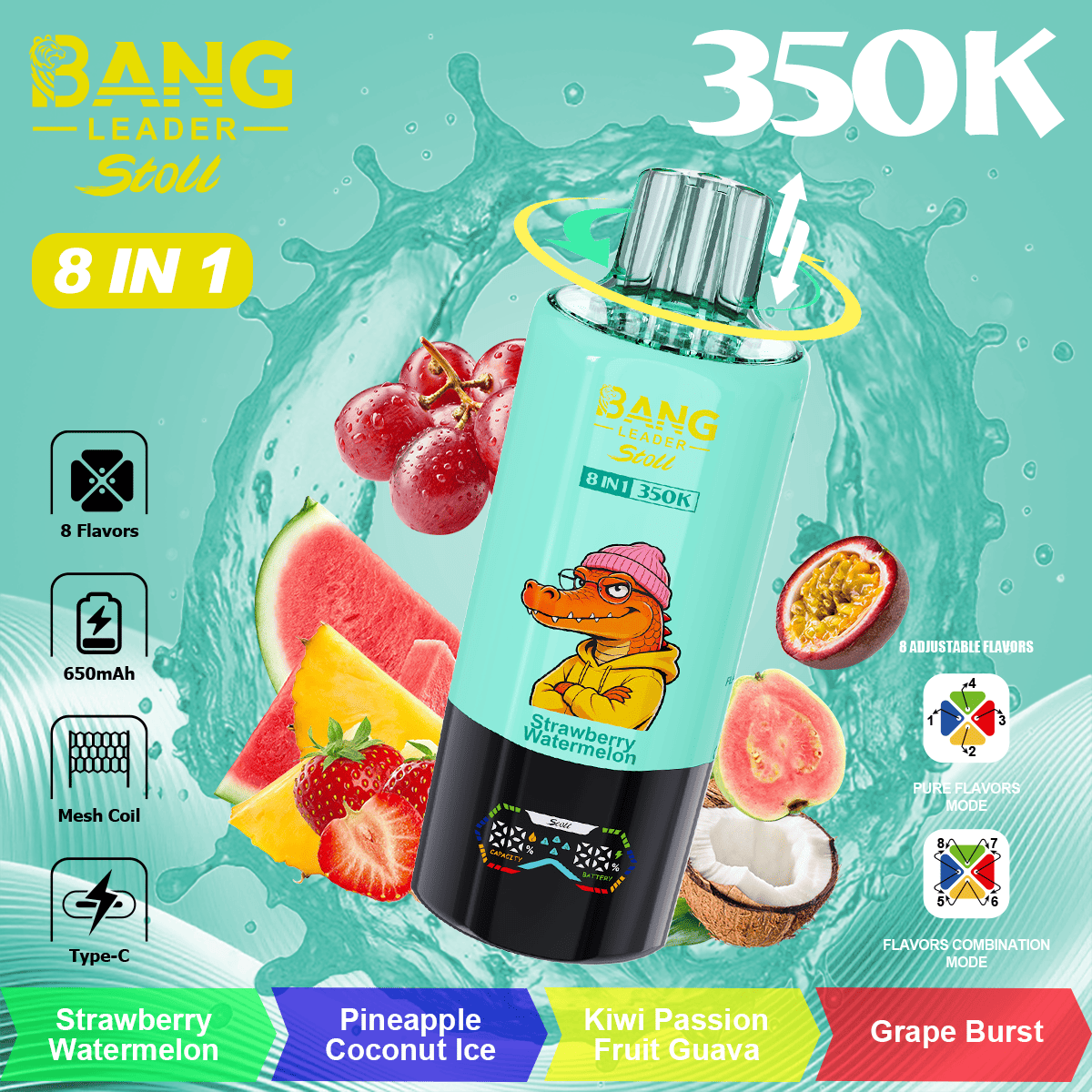 bang-leader-350k-8-in-1-flavor-strawberry-watermelon-and-pineapple-coconut-ice-and-kiwi-passion-fruit-guava-and-grape-burst Bang Leader Stoll 350000 Puffs smak In Strawberry Watermelon & Pineapple Coconut Ice & Kiwi Passion Fruit Guava & Grape Burst - jednorazowy e-papieros VapePol