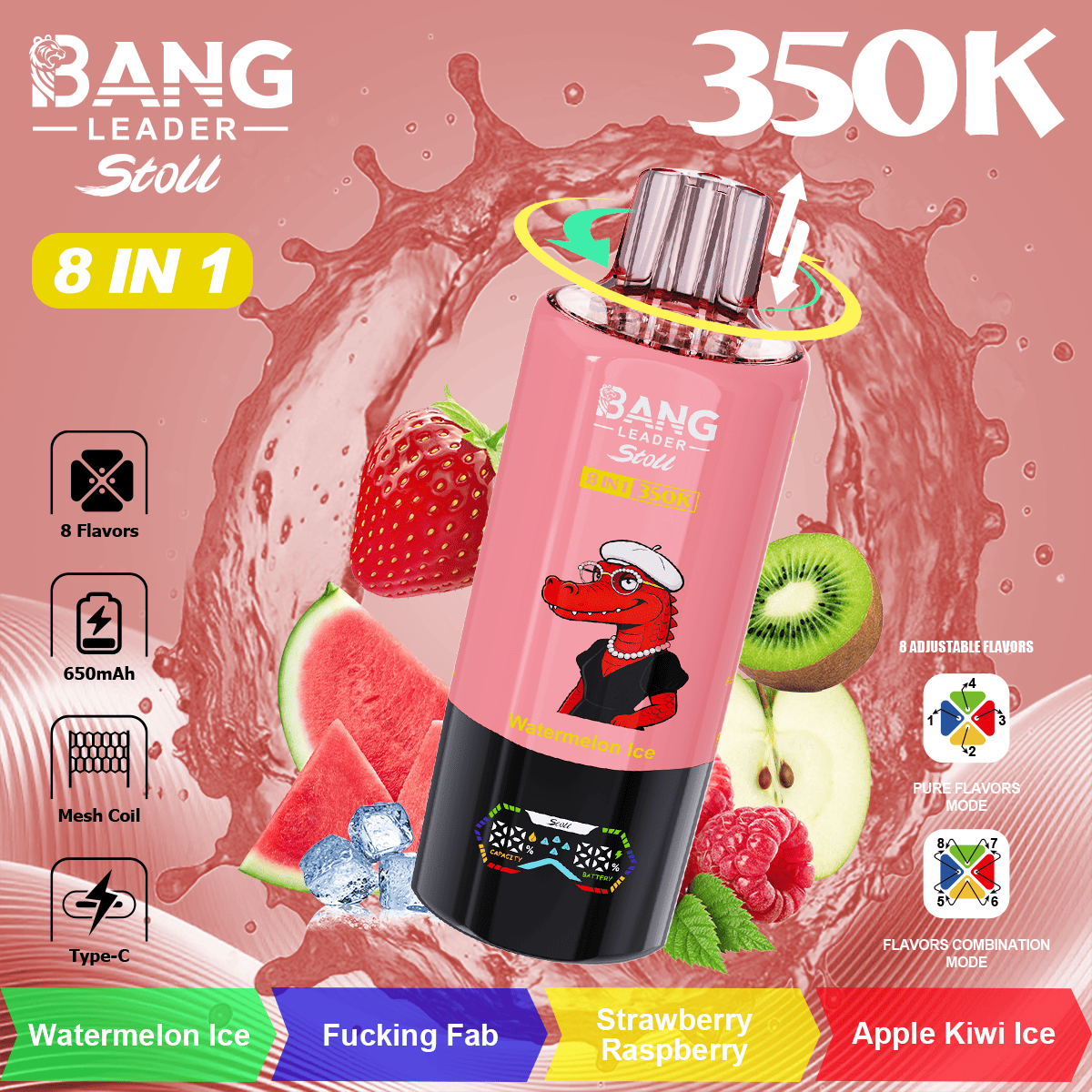 bang-leader-350k-8-in-1-flavor-watermelon-ice-and-fucking-fab-and-strawberry-raspberry-and-apple-kiwi-ice Bang Leader Stoll 350000 Puffs smak In Watermelon Ice & Fuc Fab & Strawberry Raspberry & Apple Kiwi Ice - jednorazowy e-papieros VapePol
