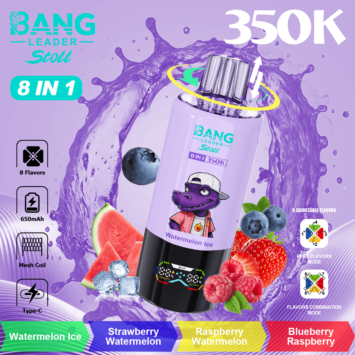 bang-leader-350k-8-in-1-flavor-watermelon-ice-and-strawberry-watermelon-and-raspberry-watermelon-and-blueberry-raspberry Bang Leader Stoll 350000 Puffs smak In Watermelon Ice & Strawberry Watermelon & Raspberry Watermelon & Blueberry Raspberry - jednorazowy e-papieros VapePol
