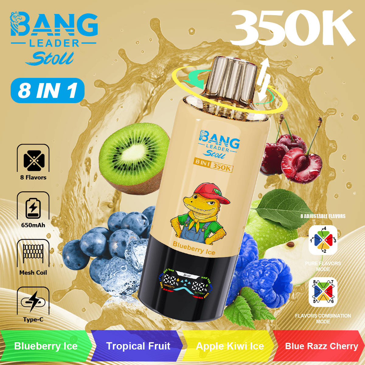 bang-leader-350k-8-in-1-flavors-blueberry-ice-and-tropical-fruit-and-apple-kiwi-ice-and-blue-razz-cherry Bang Leader Stoll 350000 Puffs smak In S Blueberry Ice & Tropical Fruit & Apple Kiwi Ice & Blue Razz Cherry - jednorazowy e-papieros VapePol