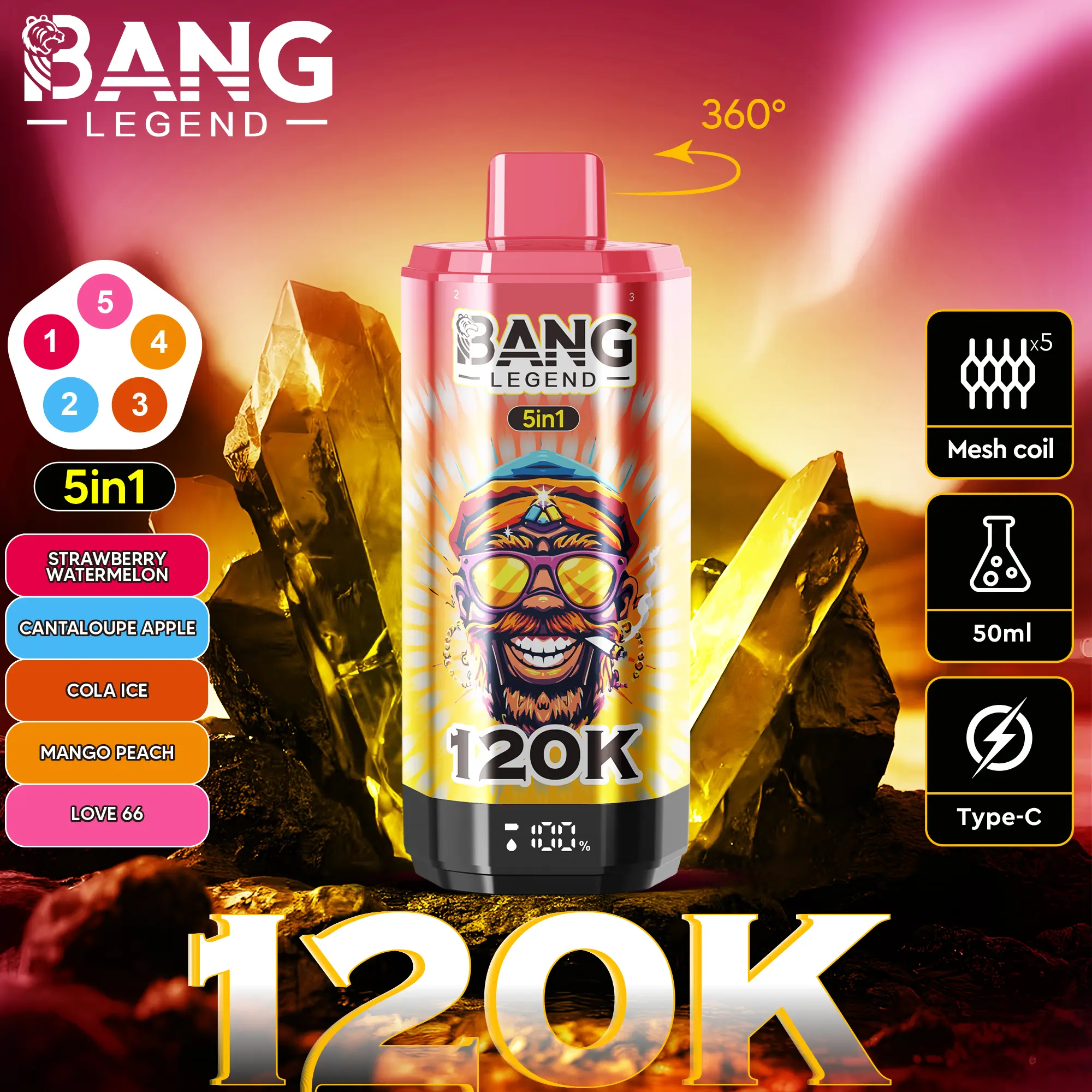 bang-legend-120000-120k-puffs-5-in-1-flavors-strawberry-watermelon-cantaloupe-apple-cola-ice-mango-peach-love-66 Bang Legend 120000 Puffs smak In S Strawberry Watermelon Cantaloupe Apple Cola Ice Mango Peach Love - jednorazowy e-papieros VapePol
