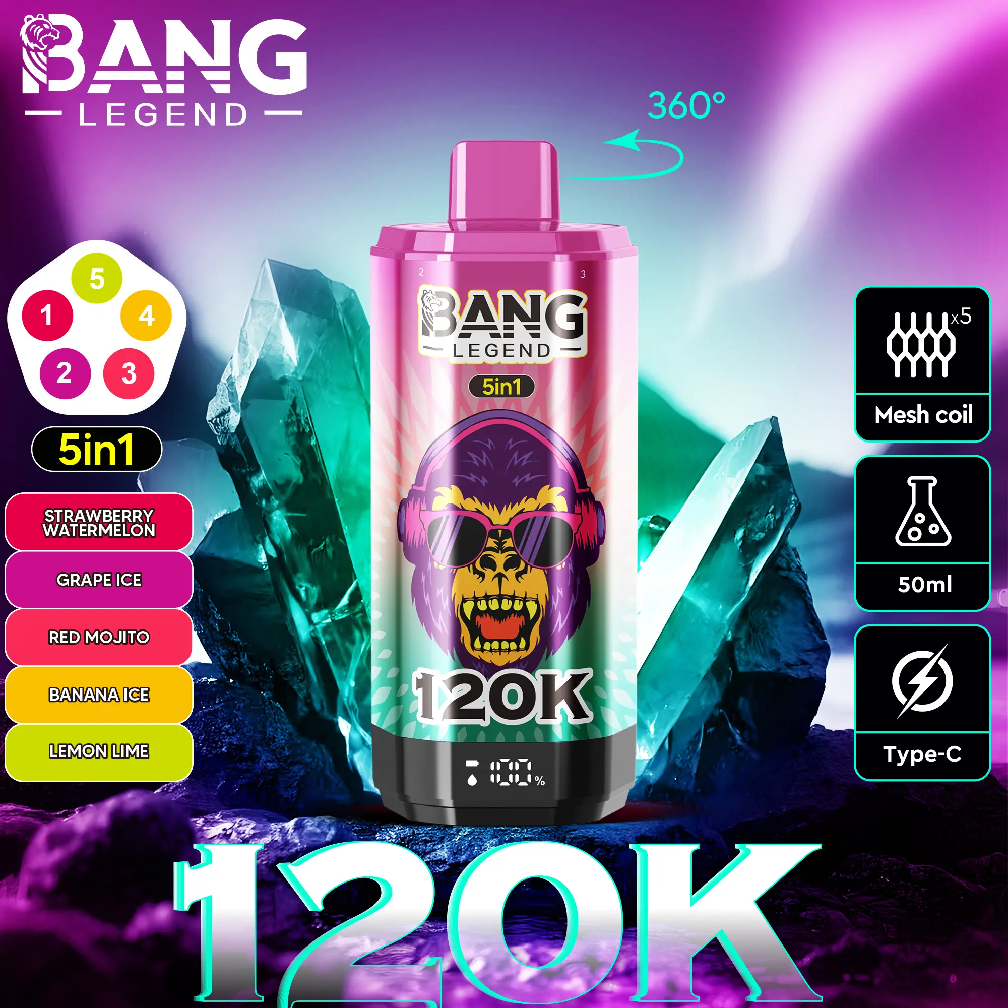 bang-legend-120000-120k-puffs-5-in-1-flavors-strawberry-watermelon-grape-ice-red-mojito-banana-ice-lemon-lime Bang Legend 120000 Puffs smak In S Strawberry Watermelon Grape Ice Red Mojito Banana Ice Lemon Lime - jednorazowy e-papieros VapePol